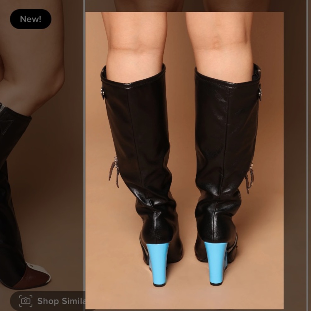Black Leather Knee Boots with Blue Wedge Heel - Picture 9 of 10